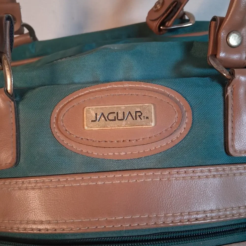 Vintage Jaguar Canvas Leather Duffle Bag Green Medium Large 90s Travel Luggage